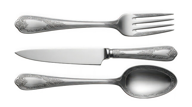 Elegant silver flatware set including fork knife and spoon with intricate designs isolated on transparent background