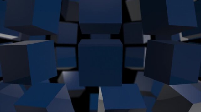 Animated blue color 3d shiny cubes rotating and forming 3d sphere advanced loop able geometrical black background