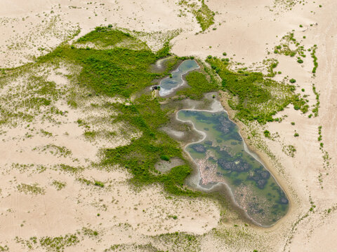 Aerial view of small pools of water surrounded by sandy dunes and patches of green vegetation in a landscape affected by environmental changes in Poland.