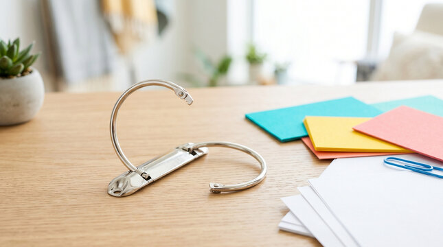 Binder ring opened loose on wooden desk with colorful card stock  