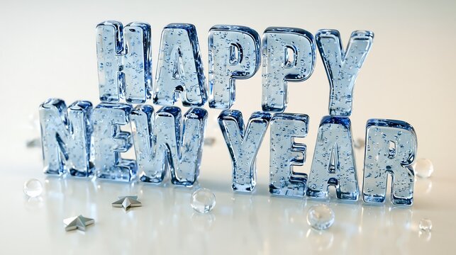 Frozen crystal ice Happy New Year 3D text lettering with water drops and glass stars on reflective white surface
