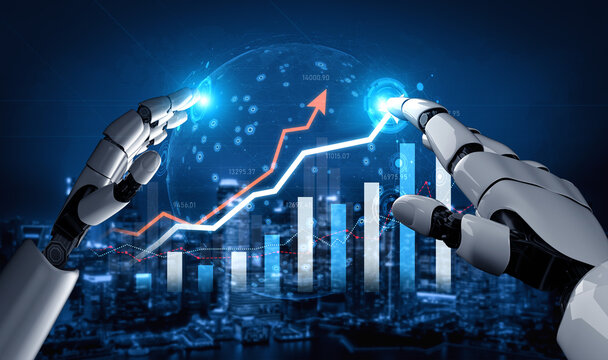 A futuristic scene showcasing robotic hands manipulating data and growth trends over a city skyline, emphasizing the intersection of technology and analytics. Scalp