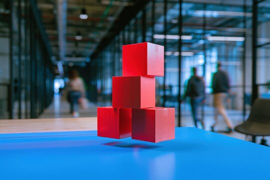 Red cardboard boxes stacked on a smooth blue desk in a modern office, with blurred figures leaving in the background for corporate restructuring and workforce change