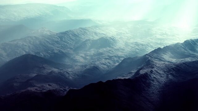 Mountains stretch across the scene with light shining from above. The focus is on the shadows and textures of the terrain. The time appears to be early afternoon given the brighter light.