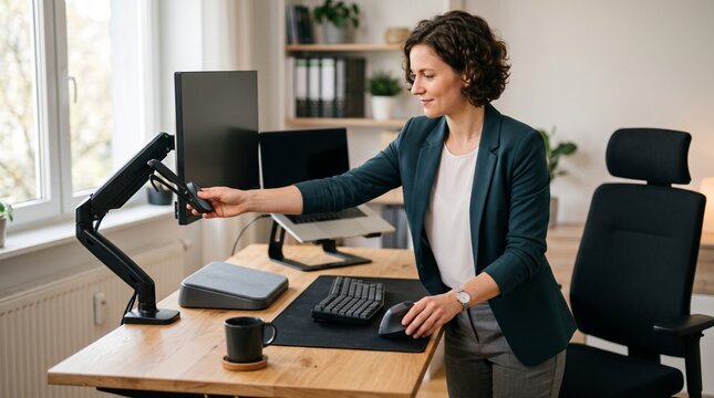 Woman adjusting monitor arm at standing desk in modern home office with laptop and ergonomic keyboard
