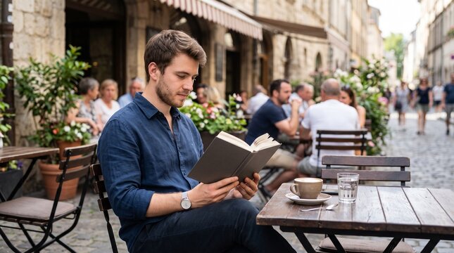 Young man reading a book at a cafe table with coffee and water on a cobblestone street
