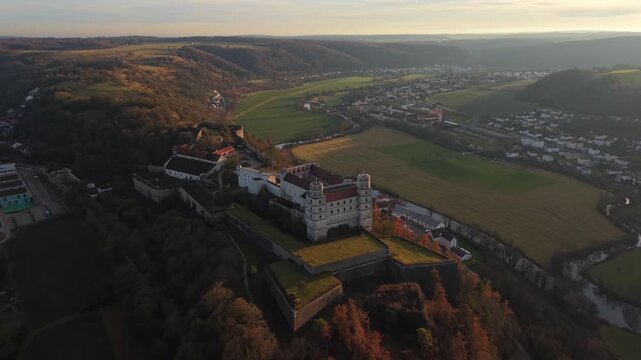 Aerial view of Willibaldsburg Castle in Eichstaett, Germany. Historic spur castle and cultural monument in Bavaria, offering wide views of the Altmuehltal valley and the old town below.