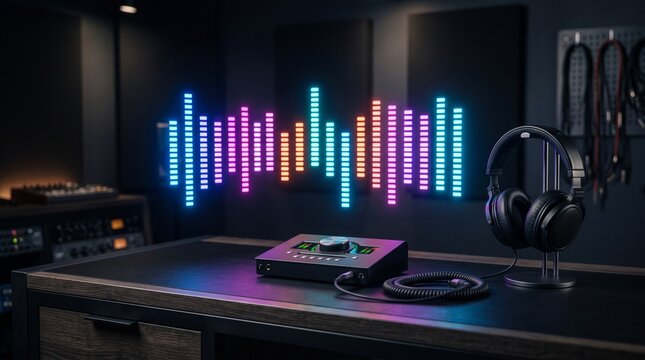 Modern recording studio setup with audio interface headphones and colorful equalizer display
