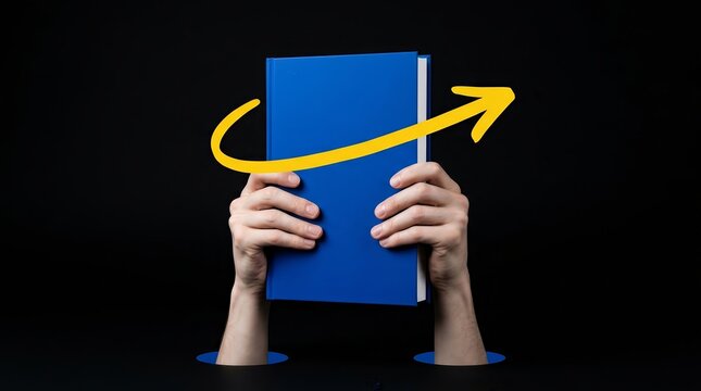 Reader hands holding a blue book for a library concept with an arrow graphic.
