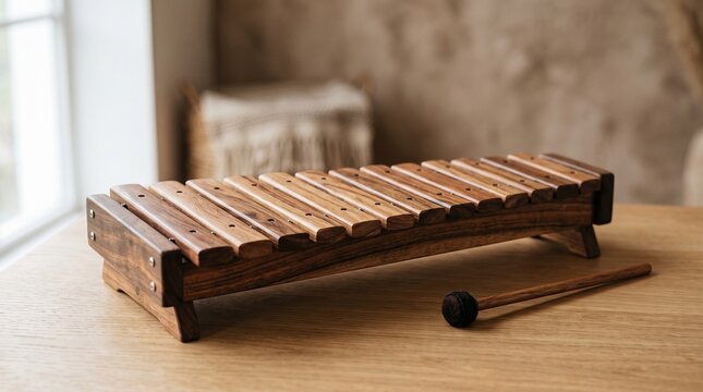 Wooden xylophone with mallet on a table, a musical instrument for children and adults, natural wood texture