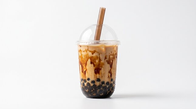 Brown sugar boba milk tea with tapioca pearls, iced bubble tea in plastic takeaway cup, sweet asian beverage with caramel syrup isolated on White Background