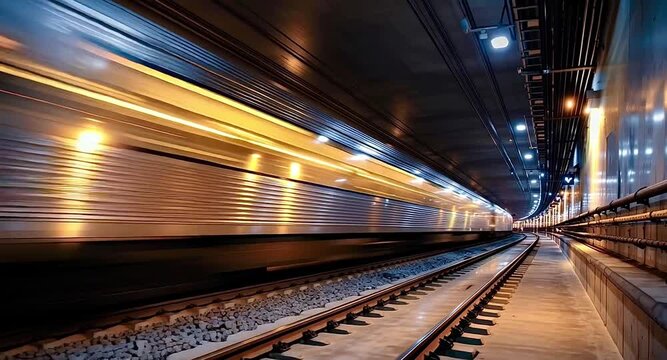 Fast metro train traveling through a modern underground tunnel at night, with blurred motion creating brilliant light trails that illuminate the subway station and reflect on the railway tracks