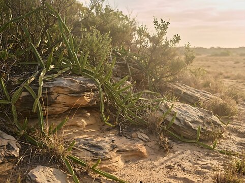 Cissus quadrangularis plant growing on rocky ground in a natural desert landscape under soft warm sunlight