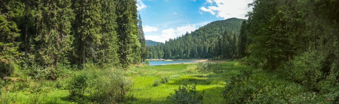 Beautiful landscape, panorama, banner, with a view of the lake Synevyr in the Carpathian Mountains, Western Ukraine