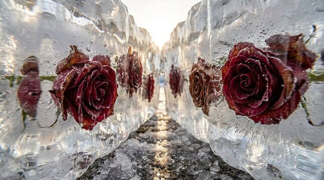 Frozen red roses trapped in textured glacial ice labyrinth macro