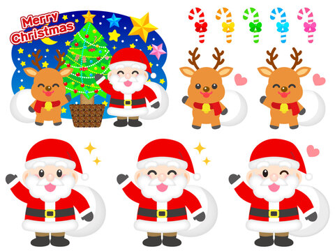 サンタクロースとトナカイのクリスマスイラスト素材セット2