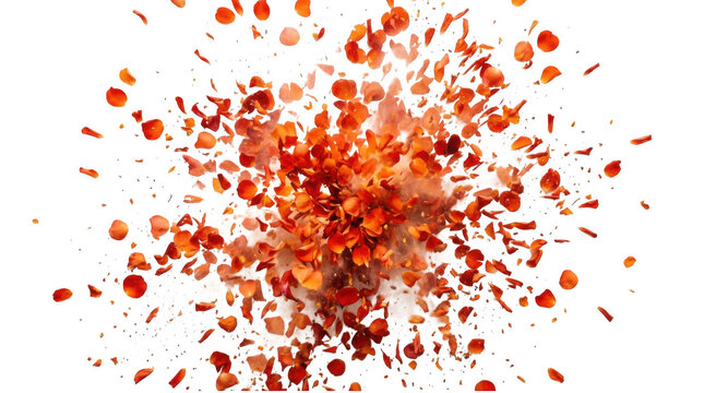 Explosion of red and orange flower petals scattered in midair against pure transparent background