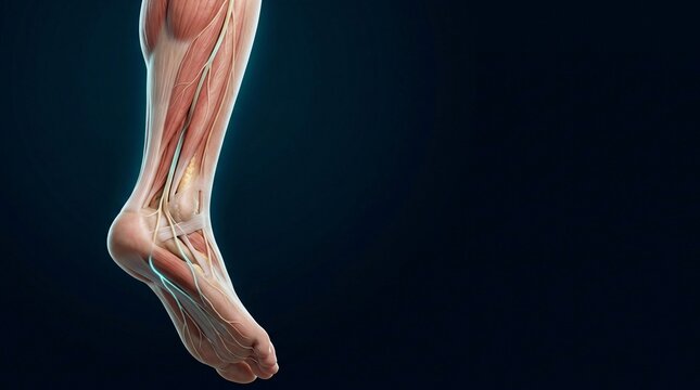 Human Lower Leg and Foot Anatomy Showing Muscles and Tendons for Medical Education