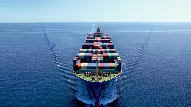 Front view of a very large container cargo ship sailing over the ocean as a concept for logistics and transport
