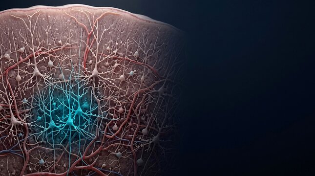 Neural Network Activation Showing Synaptic Connections and Blood Vessels in Brain Tissue