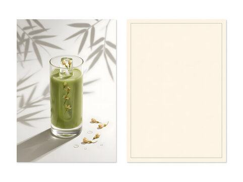 Iced matcha green tea latte mockup with floating flowers and bamboo shadow. Blank greeting card template with copy space. Refreshing summer drink digital illustration for cafe menus and invitations.