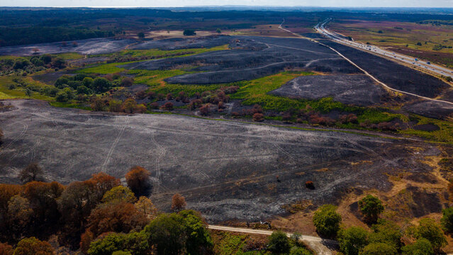 Aerial view of the wildfire burn scar in New Forest National Park with blackened scorched earth and patches of green vegetation near the A31 road in New Forest District, England, United Kingdom.