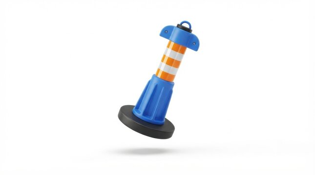 Blue and orange striped traffic cone floating in empty white space for construction and safety warning concepts