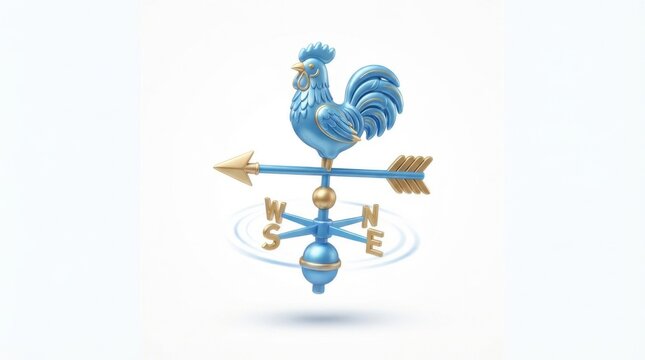 Decorative blue rooster weather vane with golden arrow and directional letters isolated on white background