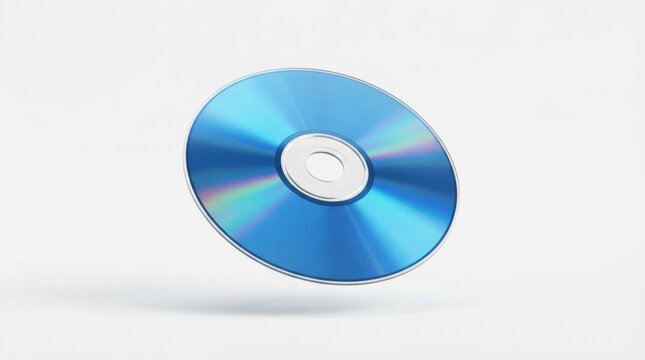 Shiny blue compact disc with holographic reflection surface isolated on white background for media and data storage
