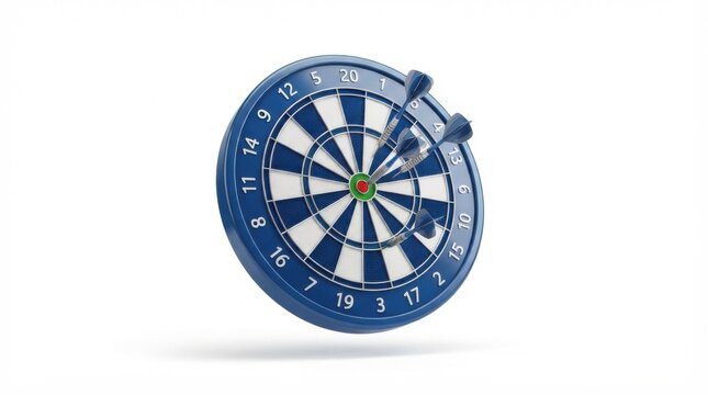 Blue dartboard with three arrows hitting the bullseye isolated on white background for success and target achievement