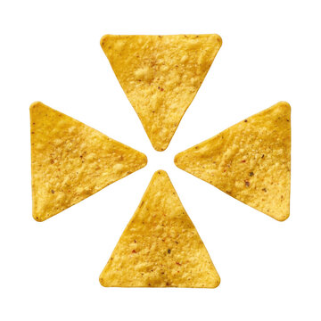 Four corn tortilla chips arranged in a cross shape isolated on transparent background