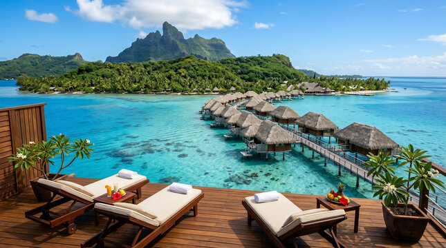 Overwater bungalows at a luxury tropical resort in bora bora, french polynesia with a view of mount otemanu