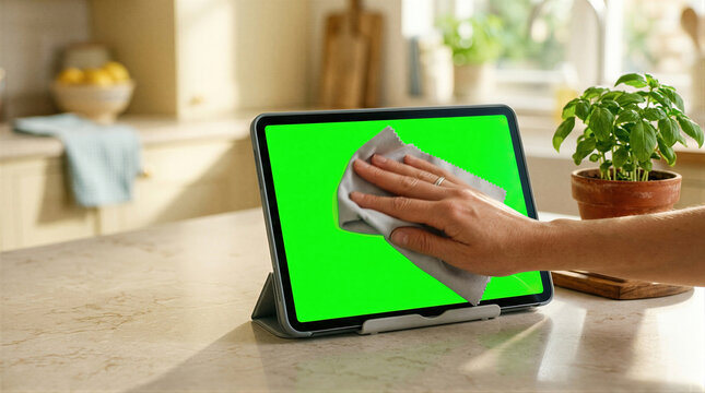 Woman cleaning tablet screen with microfiber cloth. Digital device maintenance and sanitization in home kitchen. Green screen display for mockup and technology interface development.