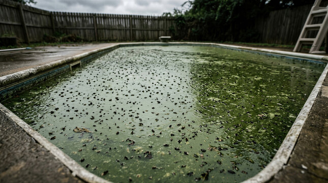 Dirty backyard swimming pool filled with green algae and leaves. Unsanitary water surface in abandoned outdoor basin. Environmental pollution and home maintenance neglect concept.