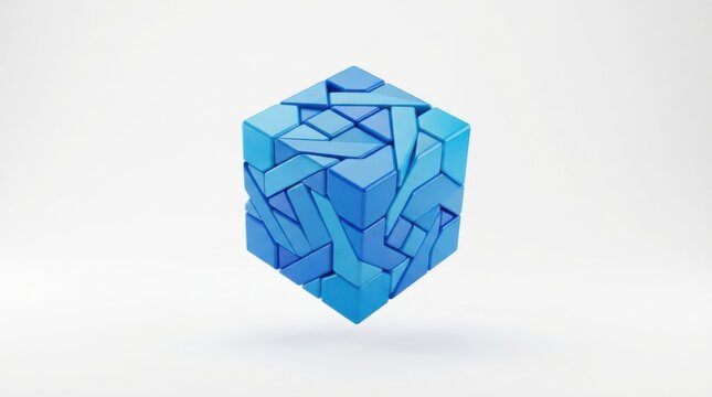 Complex blue geometric puzzle cube floating on white background for problem solving and analytical thinking concepts