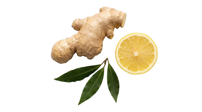 Fresh ginger root, lemon half, and bay leaves isolated on transparent background