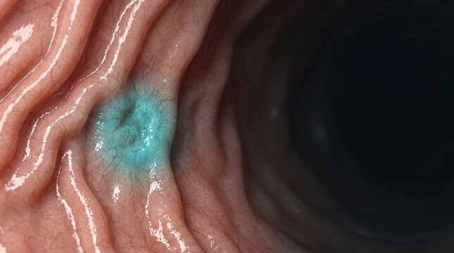 Medical Illustration of a Blue Stained Polyp Growth on a Pink Mucosal Lining During an Endoscopy Procedure
