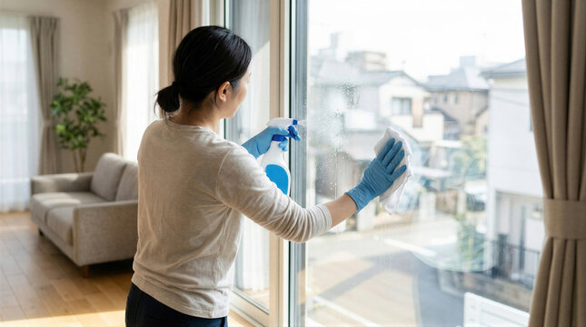 Woman cleaner spraying detergent on window glass and wiping with cloth. Professional housekeeper performing housework in living room. Home maintenance, hygiene and housekeeping service.
