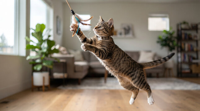An energetic tabby cat jumping in the air to catch a toy in a bright modern living room