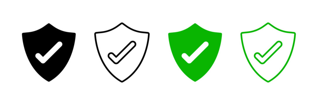 Shield with Checkmark Icon Set Isolated on Transparent Background. Verified Protection Badge and Security Guarantee Collection for Cyber Safety, Quality Approval, Sticker. Vector Illustration