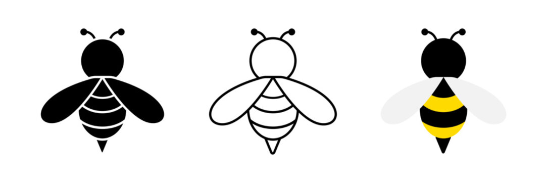 Cute Honey Bee Icon Set Isolated on Transparent Background. Flying Insect and Yellow Bumblebee Graphic Collection. Vector Illustration