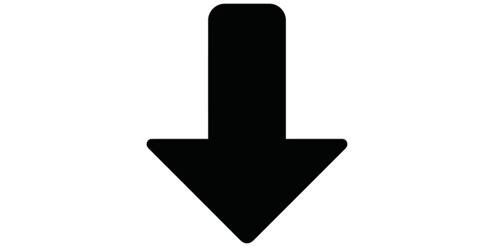 Black down arrow vector icon pointing downward direction for download.