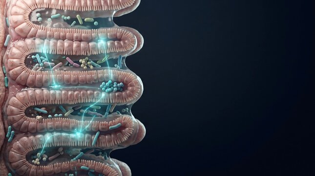 Microscopic 3D Illustration of Human Intestinal Villi with Diverse Bacteria and Glowing Microbiome Flora