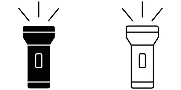 Black flashlight icons set in solid and outline styles for camping.