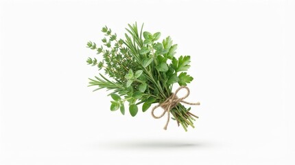 Fototapeta premium Bunch of assorted fresh green culinary herbs tied with rustic rope isolated on white background