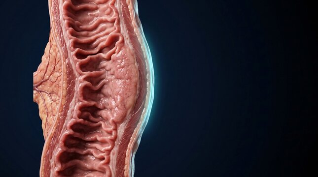 Medical Illustration of Human Intestinal Wall with Villus Structures and Blood Vessels on Dark Background