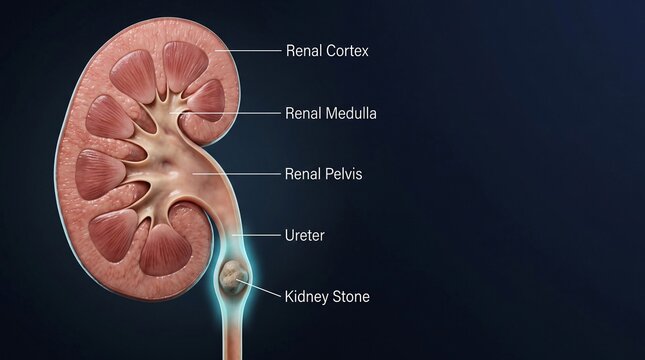 Anatomical Illustration of a Human Kidney with Renal Cortex, Medulla, Pelvis, Ureter and a Kidney Stone