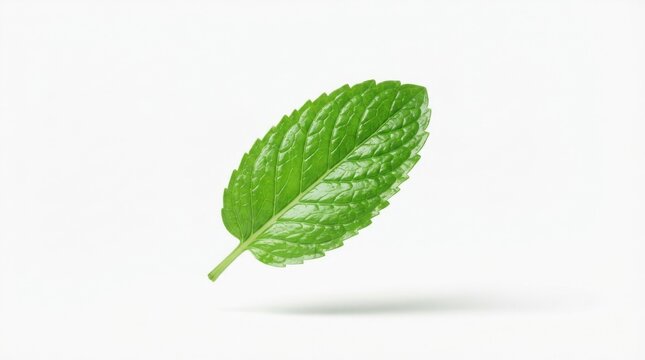 Single fresh organic mint leaf with detailed veins floating isolated against a clean stark white studio background