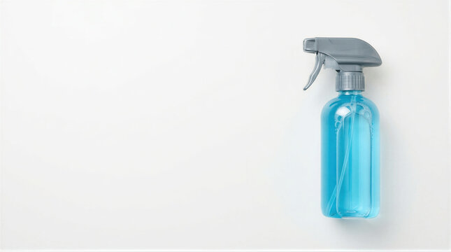 Blue cleaning spray bottle on white background. Household liquid detergent for sanitation and hygiene. Disinfectant equipment for home maintenance and housekeeping service supply.