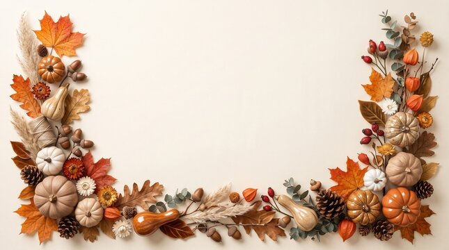 Autumn floral frame made of dried flowers and pampas grass on a neutral background